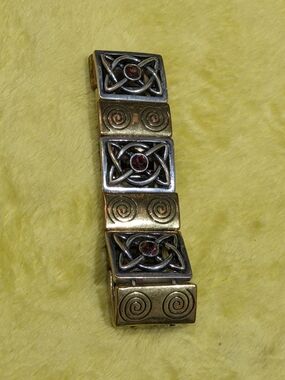 Two-Tone Celtic Link Bracelet with Deep Red Gem Accents